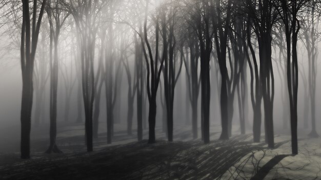 Escalofriante fondo de árboles en una noche de niebla