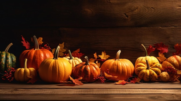 Escena de acción de gracias o otoño con calabazas, hojas de otoño y bayas en la mesa de madera