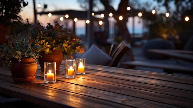 Foto gratuita escena al aire libre por la noche con una mesa y luces brillantes