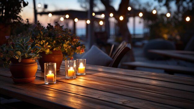 Escena al aire libre por la noche con una mesa y luces brillantes