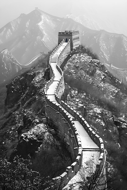 Foto gratuita escena en blanco y negro de la gran muralla de china