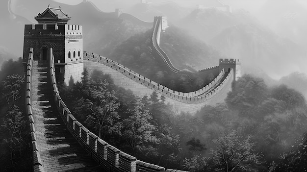 Foto gratuita escena en blanco y negro de la gran muralla de china