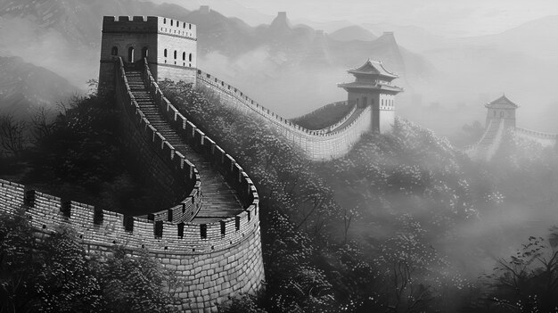 Escena en blanco y negro de la Gran Muralla de China