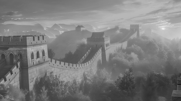 Foto gratuita escena en blanco y negro de la gran muralla de china