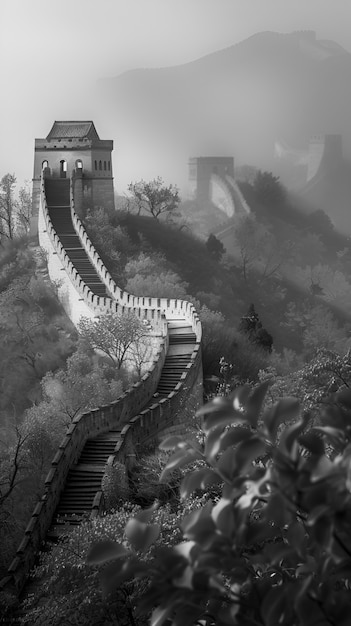 Foto gratuita escena en blanco y negro de la gran muralla de china