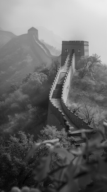 Escena en blanco y negro de la Gran Muralla de China
