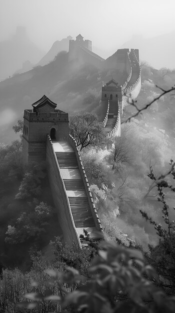 Escena en blanco y negro de la Gran Muralla de China