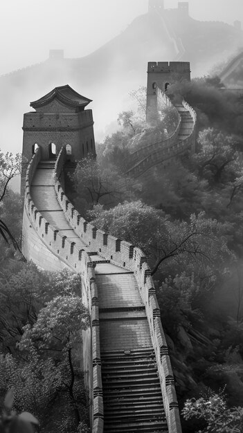 Escena en blanco y negro de la Gran Muralla de China