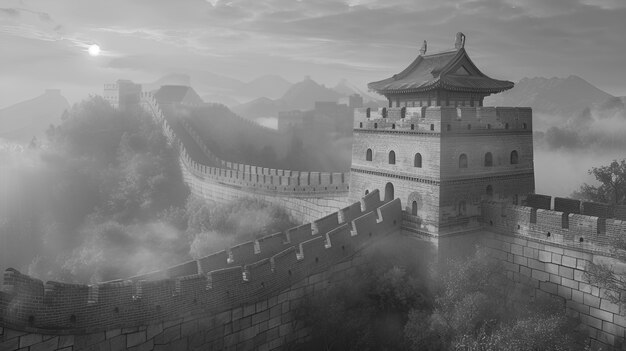 Escena en blanco y negro de la Gran Muralla de China
