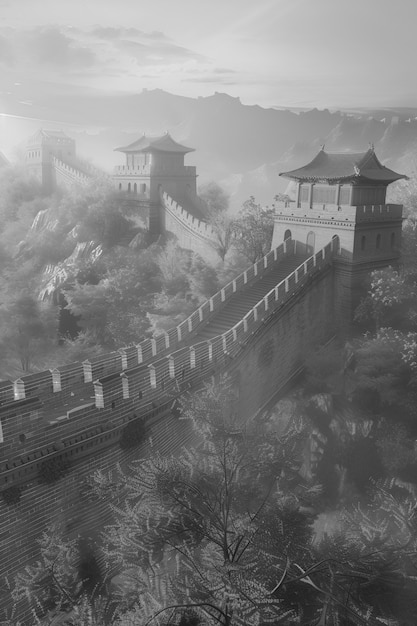 Foto gratuita escena en blanco y negro de la gran muralla de china