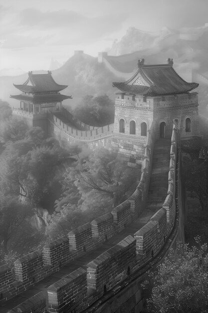 Foto gratuita escena en blanco y negro de la gran muralla de china