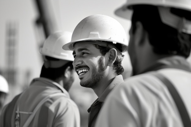 Foto gratuita escena en blanco y negro que muestra la vida de los trabajadores de la construcción en el sitio