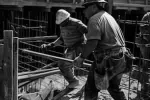 Foto gratuita escena en blanco y negro que muestra la vida de los trabajadores de la construcción en el sitio