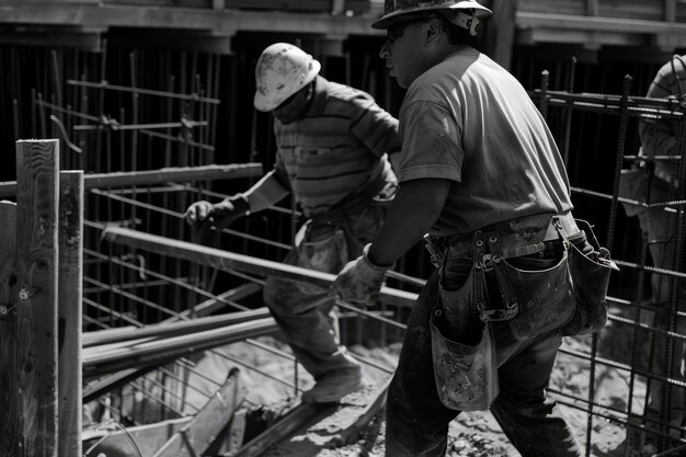 Escena en blanco y negro que muestra la vida de los trabajadores de la construcción en el sitio