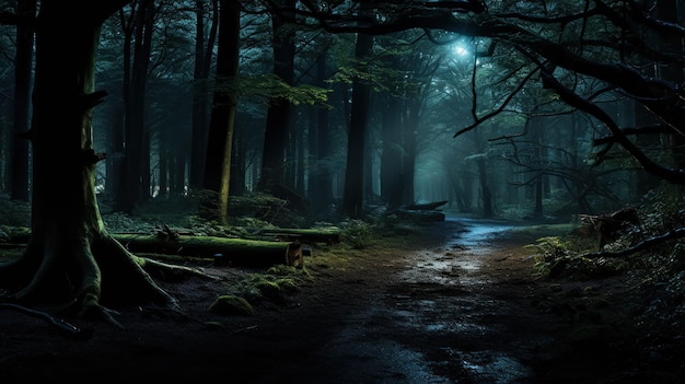 Foto gratuita escena de bosque oscuro con un camino despejado entre los árboles