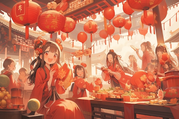 Escena de celebración del año nuevo chino al estilo de anime