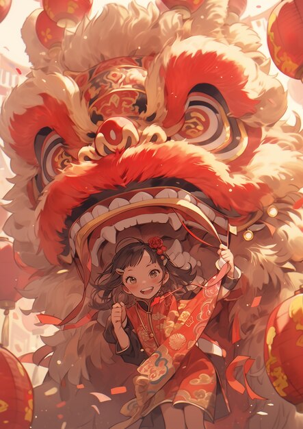 Escena de celebración del año nuevo chino en estilo anime