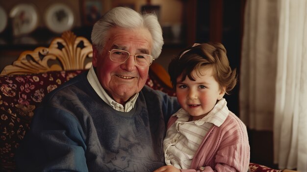 Escena de celebración del día de los abuelos con abuelos y nietos mostrando una familia feliz