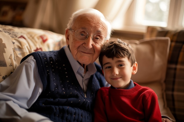 Escena de celebración del día de los abuelos con abuelos y nietos mostrando una familia feliz