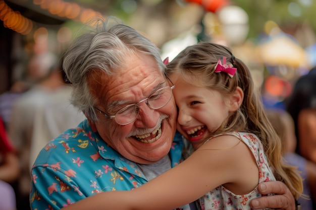 Escena de celebración del día de los abuelos con abuelos y nietos mostrando una familia feliz