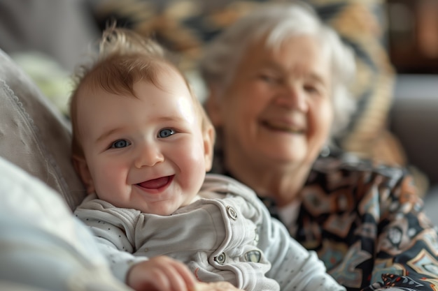 Escena de celebración del día de los abuelos con abuelos y nietos mostrando una familia feliz