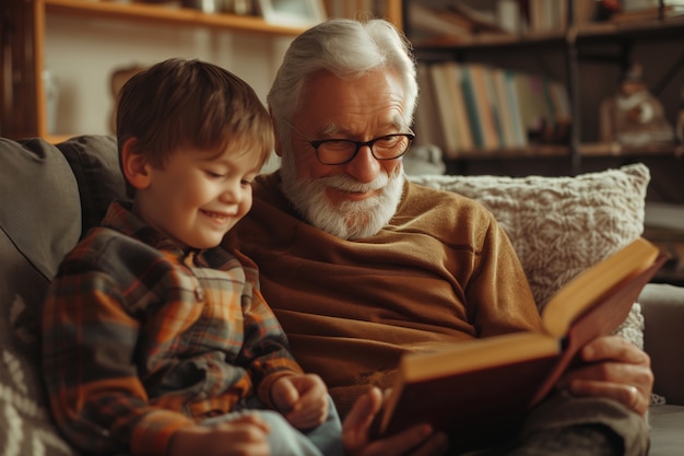 Escena de celebración del día de los abuelos con abuelos y nietos mostrando una familia feliz