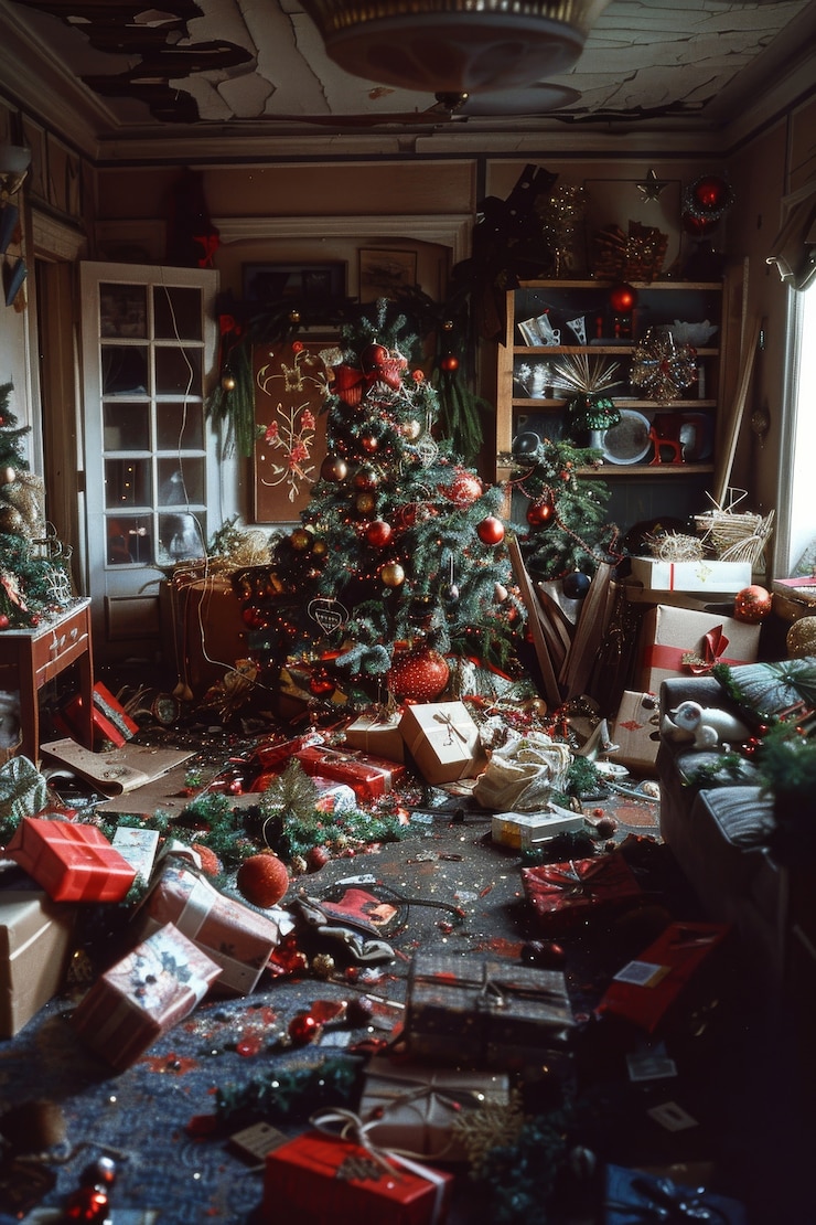 Foto gratuito escena de celebración de navidad en estilo oscuro con un escenario espeluznante