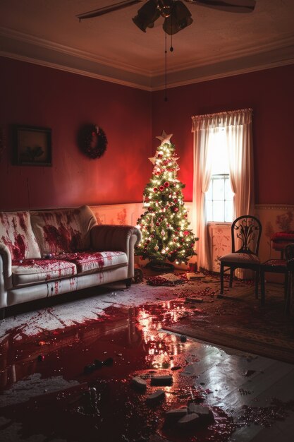 Escena de celebración de Navidad de estilo oscuro con escenario de terror