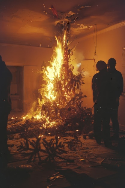 Escena de celebración de Navidad de estilo oscuro con escenario de terror