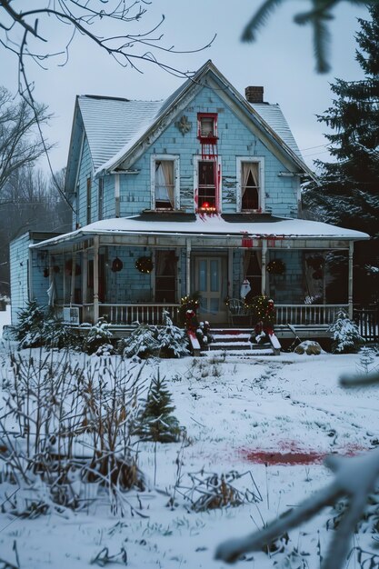 Escena de celebración de Navidad de estilo oscuro con escenario de terror