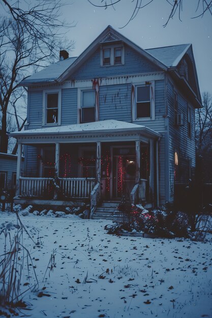 Escena de celebración de Navidad de estilo oscuro con escenario de terror