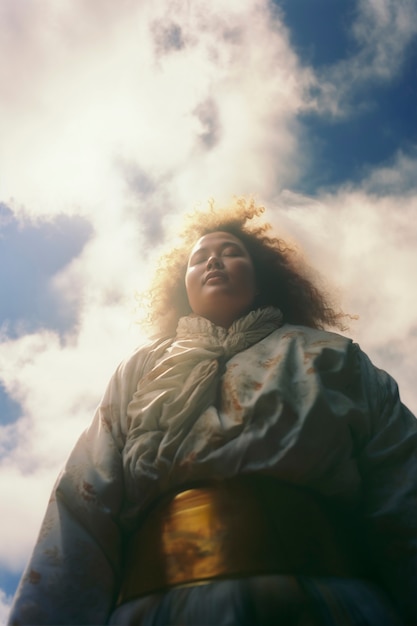 Foto gratuita escena conceptual con personas caminando a través de las nubes