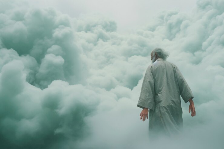 Foto gratuito escena conceptual con personas en el cielo rodeadas de nubes con sensación de ensueño