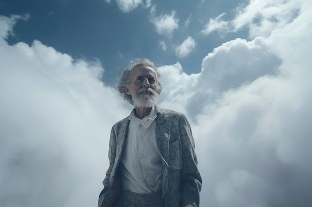 Foto gratuita escena conceptual con personas en el cielo rodeadas de nubes con sensación de ensueño