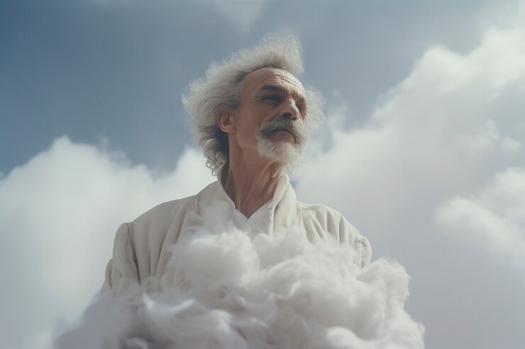 Foto gratuito escena conceptual con personas en el cielo rodeadas de nubes con sensación de ensueño