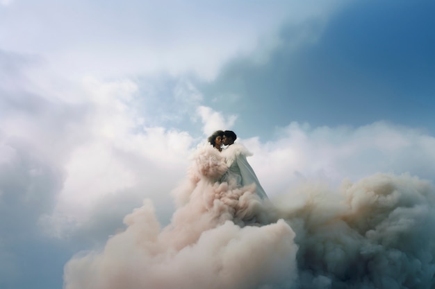 Escena conceptual con personas en el cielo rodeadas de nubes con sensación de ensueño