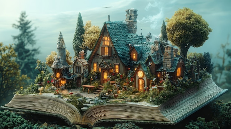 Foto gratuito escena de cuento de hadas saliendo de un libro