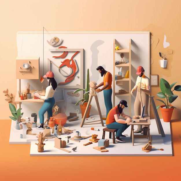 Escena de dibujos animados en 3D que representa una variedad de personas que realizan varias tareas