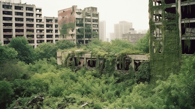 Escena distópica con paisaje destruido y atmósfera apocalíptica