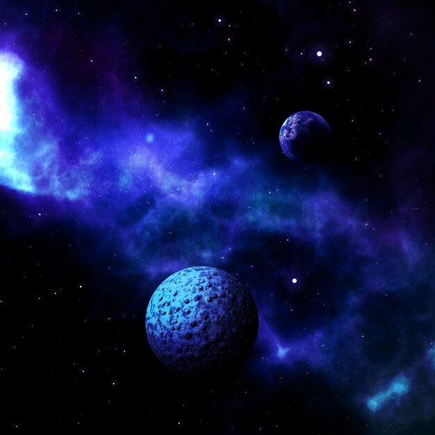 Escena espacial 3D con planetas ficticios.