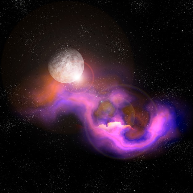 Escena del espacio abstracto 3D con nebulosa y luna ficticia