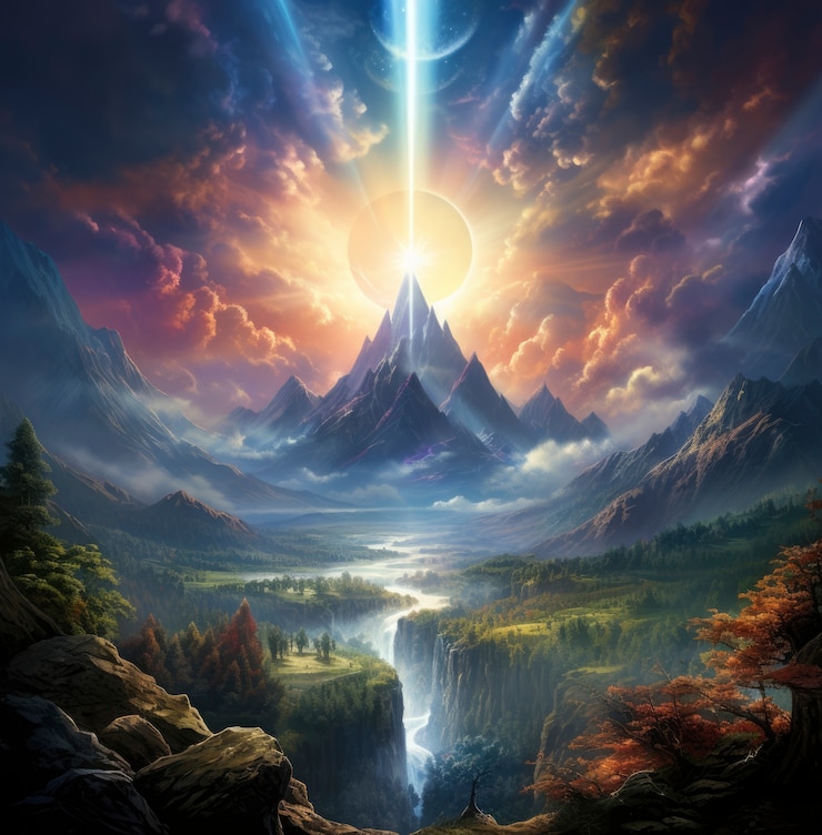 Foto gratuito escena de estilo fantasía con paisaje de montañas