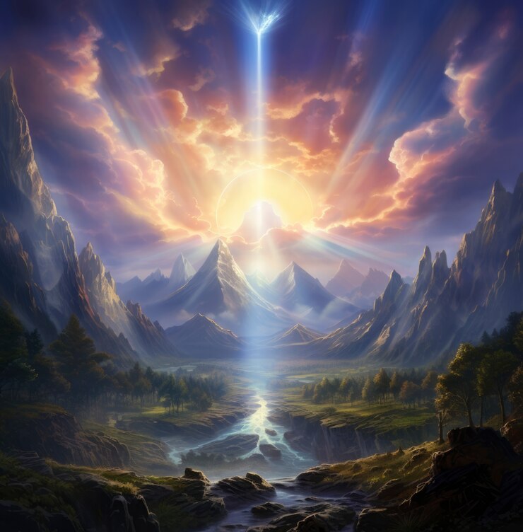 Foto gratuito escena de estilo fantasía con paisaje de montañas