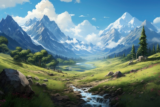 Escena de estilo fantasía con paisaje de montañas