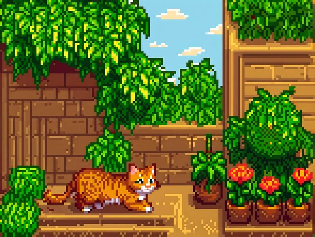 Escena de estilo pixel con un adorable gato mascota