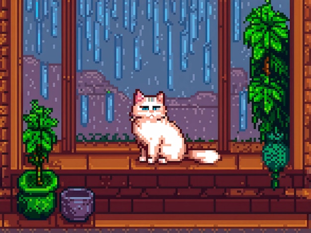 Escena de estilo pixel con un adorable gato mascota