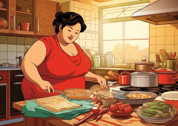 Escena de estilo de vida del cómic cocinando