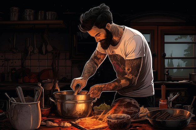 Foto gratuita escena de estilo de vida del cómic cocinando