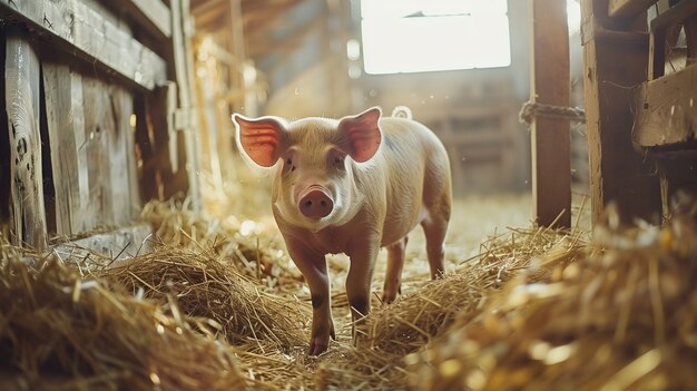 Escena fotorrealista con cerdos criados en un entorno agrícola