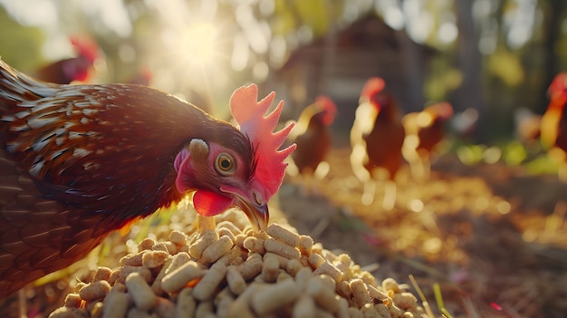 Escena fotorrealista de una granja avícola con pollos